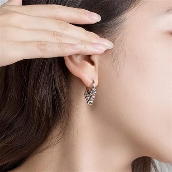 Huggie Earrings – Dangle Hoop with Tiny Gold Balls, Hypoallergenic & Elegant - Picture 2 of 3